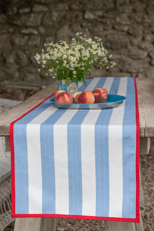 blue striped table runner with red edging